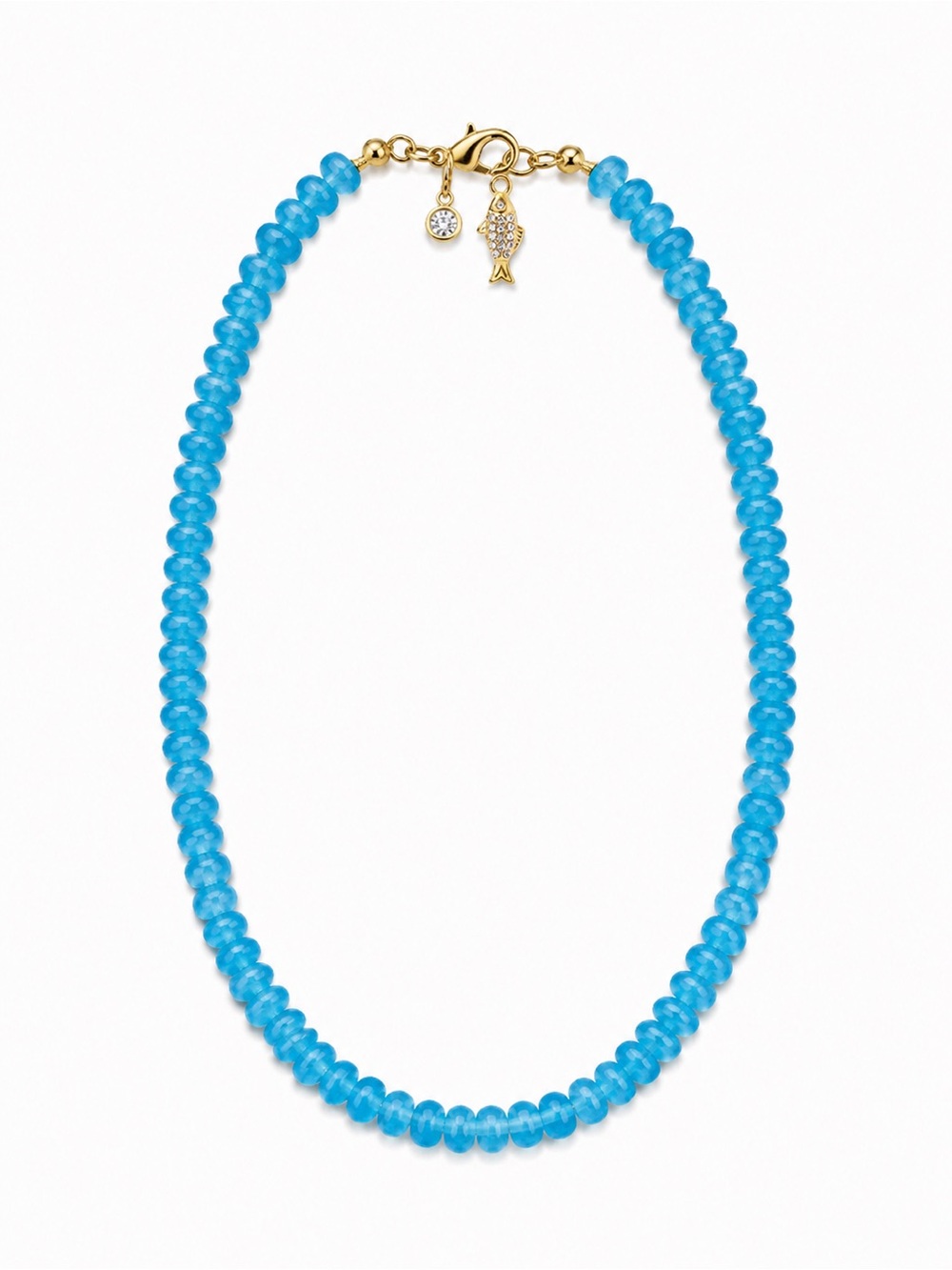 Blue Natural Stone Beaded Necklace with Fish & Zircon Charms – 🐟✨